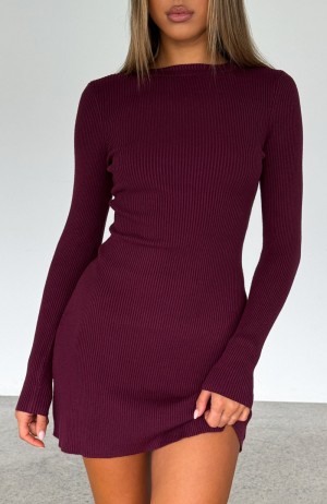 White Fox Let's Be Together Long Sleeve Mini Women Dress Dark Burgundy | NZ HITK-91538