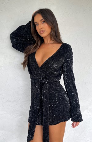 White Fox Stars Shining Long Sleeve Mini Women Dress Black | NZ JWEX-59314