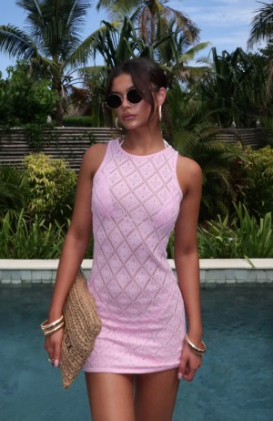 White Fox Talk To You Crochet Mini Women Dress Pink | NZ OTAK-43897