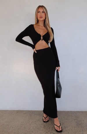 White Fox Thinking Clearly Long Sleeve Maxi Women Dress Black | NZ UKOP-13024